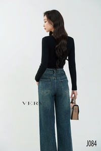 Venta al por mayor de pantalones vaqueros lavados holgados personalizados de las mujeres transpirable Retro Loose Fit de pierna ancha-para la primavera Simple sólido de alta calidad - Product Image 3