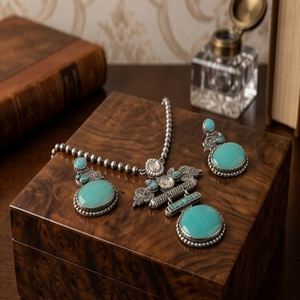 DIVYORO Women's Turquoise Teardrop <b>Statement</b> Ethnic Adjustable Oxidized Silver <b>Necklace</b> and Earrings Set - Product Image 3