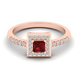 Bague REYES de haute qualité en or massif 14 carats, pierre précieuse grenat rouge taille princesse 0,31 carat avec halo de diamants, pour femme, bijoux fins - Product Image 1