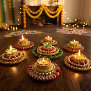 Handicraft Eco-Friendly Durable Multicolor Pearl <b>Tealight</b> Diya <b>Holder</b> Set Decorative Rangoli Tray Diwali Wedding Festival Home - Product Image 6