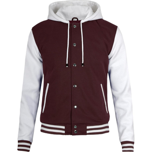<b>Men's</b> Maroon And White Varsity <b>Jacket</b> With Hooded Design Button Closure Regular Fit Autumn Wear - Product Image 2