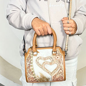 Vintage Style Hand Tooled Cowhide Leather Large Speedy <b>Bag</b> Hair-on Hide Heart Duffel Cowgirl Fashionable Travel <b>Bag</b> for Women's - Product Image 3