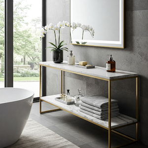 Best Handmade High Modern Three-Layer Marble Console <b>Shelf</b> Gold Metal Frame Freestanding Floor Display Storage Elegant Living - Product Image 1