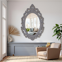 Miroir mural ovale moderne en bois sculpté, décoratif, fait main, durable, avec cadre en MDF gris vieilli, pour salon et salle de bain