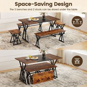 Industrial 5-Piece <b>Dining</b> Room Set Rectangular Kitchen <b>Table</b> with 2 Benches and 2 <b>Stools</b> - Product Image 6