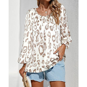 Women Casual Leopard Print <b>Long</b> Sleeve Blouse <b>Top</b> Loose Fit Neck Satin Chiffon Autumn Spring Custom OEM Front Contrast Color - Product Image 2