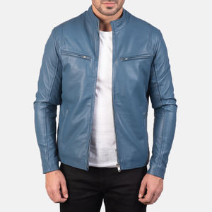 Veste de moto d'hiver en cuir PU véritable de qualité supérieure, écologique, pour hommes, avec col roulé classique et logo frontal - Product Image 1