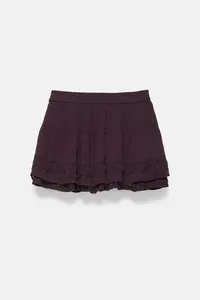 Jupe courte décontractée pour femme en mousseline de soie violette à volants, taille mi-haute élastique, couleur unie, tissu tissé, coupe classique - Product Image 2