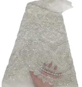 白色串珠蕾丝面料特殊图案手工刺绣法国派对蕾丝面料
