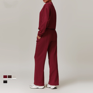 Conjunto de Yoga de 2 Piezas para Mujer, Color Sólido, Sudadera con Cuello Redondo, Pantalones Largos con Cordón Ajustable, Transpirable, Ropa Deportiva - Product Image 3