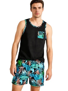 Men's Tropical Plant Print Casual Two-Piece Loungewear Set with Black Panel Tank Top Print Shorts 100% Cotton Quick Dry Summer - Product Image 3