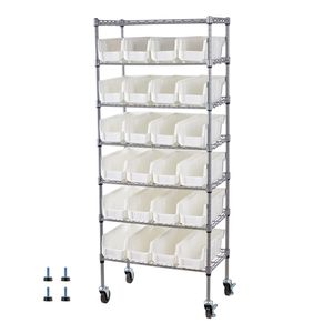 Scaffale Portaoggetti a 7 Ripiani con 24 Contenitori Piccoli, Sistema di Scaffalature in Filo d'Acciaio, Organizzatore Mobile per Attrezzi con Ruote - Product Image 1