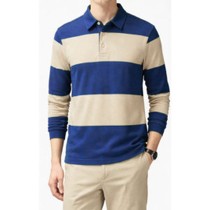 Polo à manches longues en jersey piqué de coton épais avec poignets côtelés, logo personnalisé OEM, style décontracté à rayures contrastées - Product Image 5