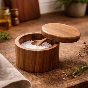 Pot de rangement en bois artisanal haut de gamme pour sel et piment, avec couvercle en bois, compatible lave-vaisselle, design moderne, taille/forme/logo personnalisables - Product Image 4