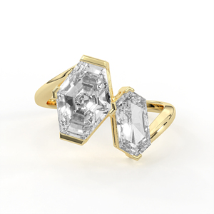 14K 18K Yellow Gold Lab Grown Diamond <b>Ring</b> Hexagon Kite Cut Avant Garde Geometric <b>Two</b> <b>Stone</b> Toi Et Moi Partial Bezel Jewelry - Product Image 1