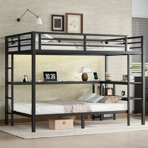 Letto a Castello Nero FULL Over Twin con LED e USB, Funzionalità di Posizionamento Multiplo, Scrivania e Scaffali per Bambini - Product Image 1