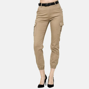 Pantalones Cargo de Cintura Alta con Bolsillos, Pantalones de Mujer hasta el Tobillo, Color Beige Sólido, Estilo Utilitario, para Otoño, Tela de Lona Transpirable - Product Image 1