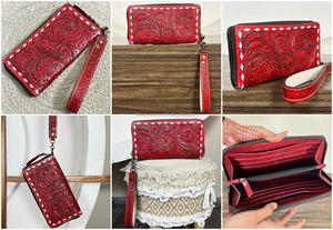 กระเป๋าสตางค์หนังแท้ลายสลักมือแบบซิปรอบพร้อมสายคล้องข้อมือ สไตล์ตะวันตก กระเป๋าคลัทช์สำหรับสุภาพสตรี พร้อมช่องใส่บัตรและช่องใส่เหรียญ - Product Image 3