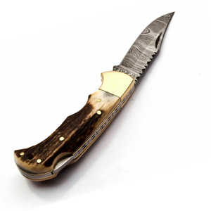 Custom Handmade Damascus <b>Steel</b> Lock Back Folding Knives with Brown Stag Horn Handle Brass Bolster <b>Outdoor</b> Hunting Pocket Knives - Product Image 4