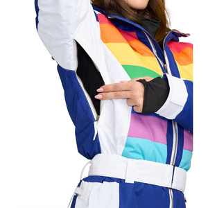 Custom Women One Piece Ski Suit Waterproof Windproof <b>Rainbow</b> Stripe Snowboard <b>Jumpsuit</b> with Hood - Product Image 4