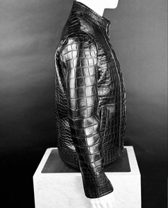 Veste moto en cuir véritable gaufré crocodile pour homme, col montant, fermeture éclair, coupe ajustée, style hiver - Product Image 4