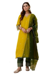Salwar Kameez en Mélange de Soie Jaune RN avec Dupatta Vert – Tenue Traditionnelle Indienne et Pakistanaise pour Femme, Coupe Droite, Longueur Genou, Prête à Porter - Product Image 1