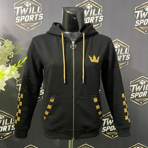 Sudadera con Capucha Unisex Negra de Felpa Twill, Diseño Oversize con Logotipo de Corona Dorada y Mangas con Estampado de Tablero de Ajedrez, Ropa Casual de Invierno - Product Image 2