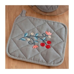 Grey Colour Floral Embroidered Cotton Heat Resistant Non Slip Pot Holder Cloth Washable Nordic Insulation Pad <b>Bbq</b> Baking <b>Tools</b> - Product Image 1