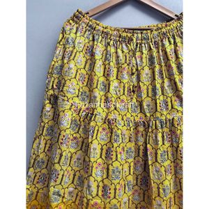 Jupe trapèze jaune à imprimé géométrique pour femme, taille élastique, volants, mi-mollet, style Prairie Chic, en mousseline pour l'été - Product Image 6