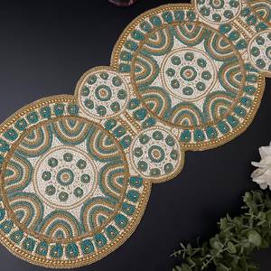 Bohemian Embroidered Oval <b>Table</b> <b>Runner</b> Fabric Handmade Decorative Mat with Teal and <b>Gold</b> Mandala Design - Product Image 1