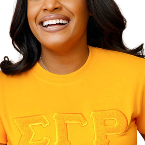 Camiseta Sigma Gamma Rho con Letras Griegas Doradas en Chenille para Mujer, Bordado ΣΓΡ, Mezcla de Algodón, Manga Corta, Estilo Casual y Elegante - Product Image 5