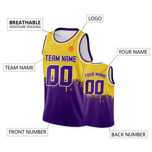 Camiseta de Baloncesto sin Mangas con Nombre y Número del Equipo Impresos para Adultos, Niños y Jóvenes, Camiseta de Baloncesto Personalizada en Dorado y Morado - Product Image 2