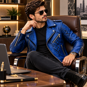 Veste de motard en cuir véritable bleu gaufré pour homme, doublure en soie, fermeture éclair élégante, streetwear haut de gamme - Product Image 6