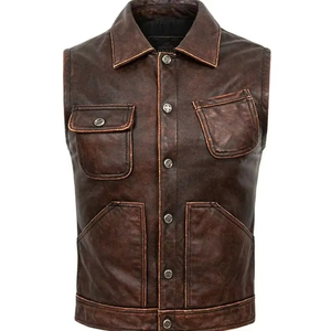 Veste sans manches rétro en cuir véritable pour homme, style vintage décontracté, respirante, avec fermeture éclair, pour l'hiver, grande taille, vêtement de travail court - Product Image 5