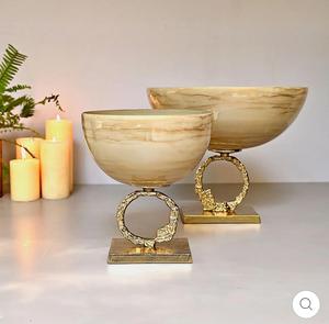 Modern Brass Candle Holder with Beige Marbled Bowl and Ring Base Decorative <b>Lighting</b> for Living Room - Product Image 3