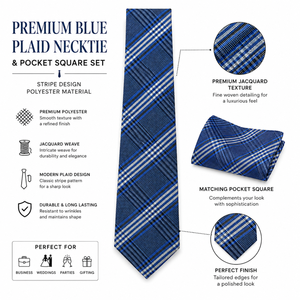 Conjunto de Corbata y Pañuelo de Bolsillo de Jacquard Azul a Cuadros Ecológico Premium |   Corbata de Diseño Personalizada 100% Poliéster para Hombre - Product Image 6