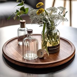 Round Natural Wood Handcrafted Fruit Serving Tray with Plant & Floral Pattern Movable <b>Rustic</b> Design for Kitchen Dining Room Use - Product Image 4