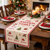 Chemin de table matelassé personnalisé pour Noël, chemin de table rectangulaire long avec nom de famille personnalisé pour la décoration de table de fête