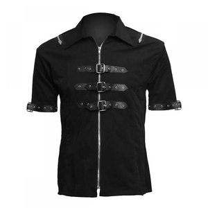 Chemise noire gothique pour homme sur mesure, manches courtes, style punk rock, fermeture éclair sur le devant, sangle à boucle, chemises en denim de coton pour homme - Product Image 1