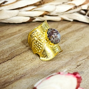 Nouvelle Arrivée Bague Bohème en Agate, Laiton Vintage Plaqué Or 18 carats pour Femme, Bande Texturée Florale, Style Statement, Vente en Gros/OEM/ODM - Product Image 5