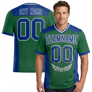 Maillot de basket personnalisé vert et bleu, col en V, manches courtes, impression par sublimation, évacuation de l'humidité, unisexe, vêtements d'équipe pour adultes - Product Image 3