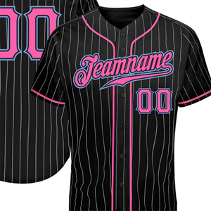Camiseta de béisbol personalizada con rayas negras y rosas para hombre, uniforme deportivo con nombre del equipo y botones - Product Image 5
