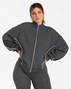 Wholesale <b>Women</b> Contrastline Zip <b>Jacket</b> Tracksuit Set Casual Two Piece Outfit Relaxed Fit Wide Leg Pants Matching Clothing Style - Product Image 3