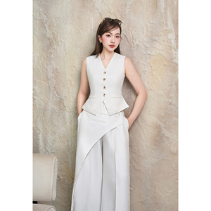 Pantalon décontracté de bureau pour femme, taille haute, coupe droite, blanc, anti-rides, avec boutons, devant asymétrique, LINDA - Product Image 5