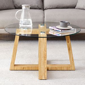 Moderno pratico tavolino circolare trasparente in vetro temperato colore legno MDF formato materiale 31.5 "* 31.5" * 17.7 "per - Product Image 3
