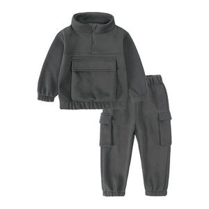 Children's Dark Gray Fleece <b>Tracksuit</b> Set Half-Zip Sweatshirt With Pockets And Elastic Waist Jogger Pants Casual Winter Wear - Product Image 1