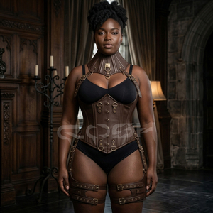 <b>Underbust</b> Steelboned Brown Leather <b>Corset</b> With Neck And Thigh Harness| Customized Halloween <b>Corsets</b> Vendors - Product Image 4