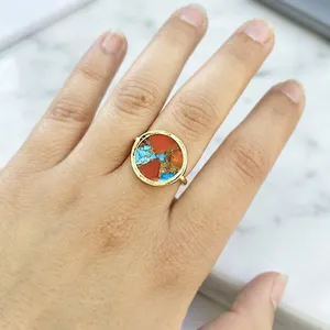 Fashion Jewelry 18k <b>Gold</b> Plated Brass Anti-Tarnish Orange Blue Copper <b>Turquoise</b> Adjustable Cocktail <b>Rings</b> Italian Style Women - Product Image 4