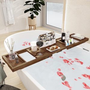 Wooden Bathtub Caddy Tray Expanding Bath Board Organizer Wine Glass <b>Tablet</b> <b>Holder</b> For Luxury Spa Bathroom Decor Wholesale - Product Image 5