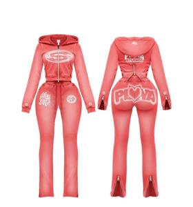 Women <b>Pink</b> Hooded Breathable 100% Polyester 2 1 <b>Tracksuit</b> <b>Set</b> Full Sleeve Elastic Waist Zipper Front Letter Print Split Hem - Product Image 1